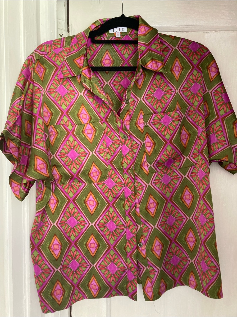 TCEC Pink & Olive Geometric Short-Sleeve Button-Down Shirt